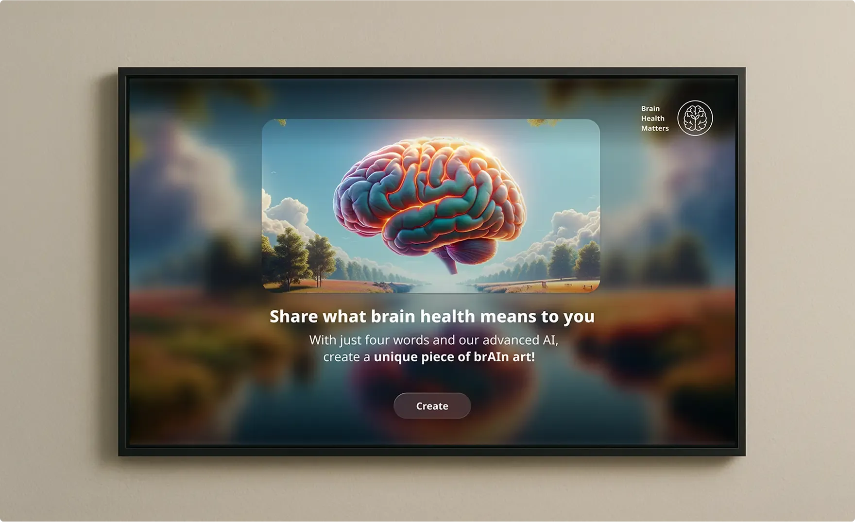 A TV mounted on a wall with the BrAIn art opening page UI on the TV