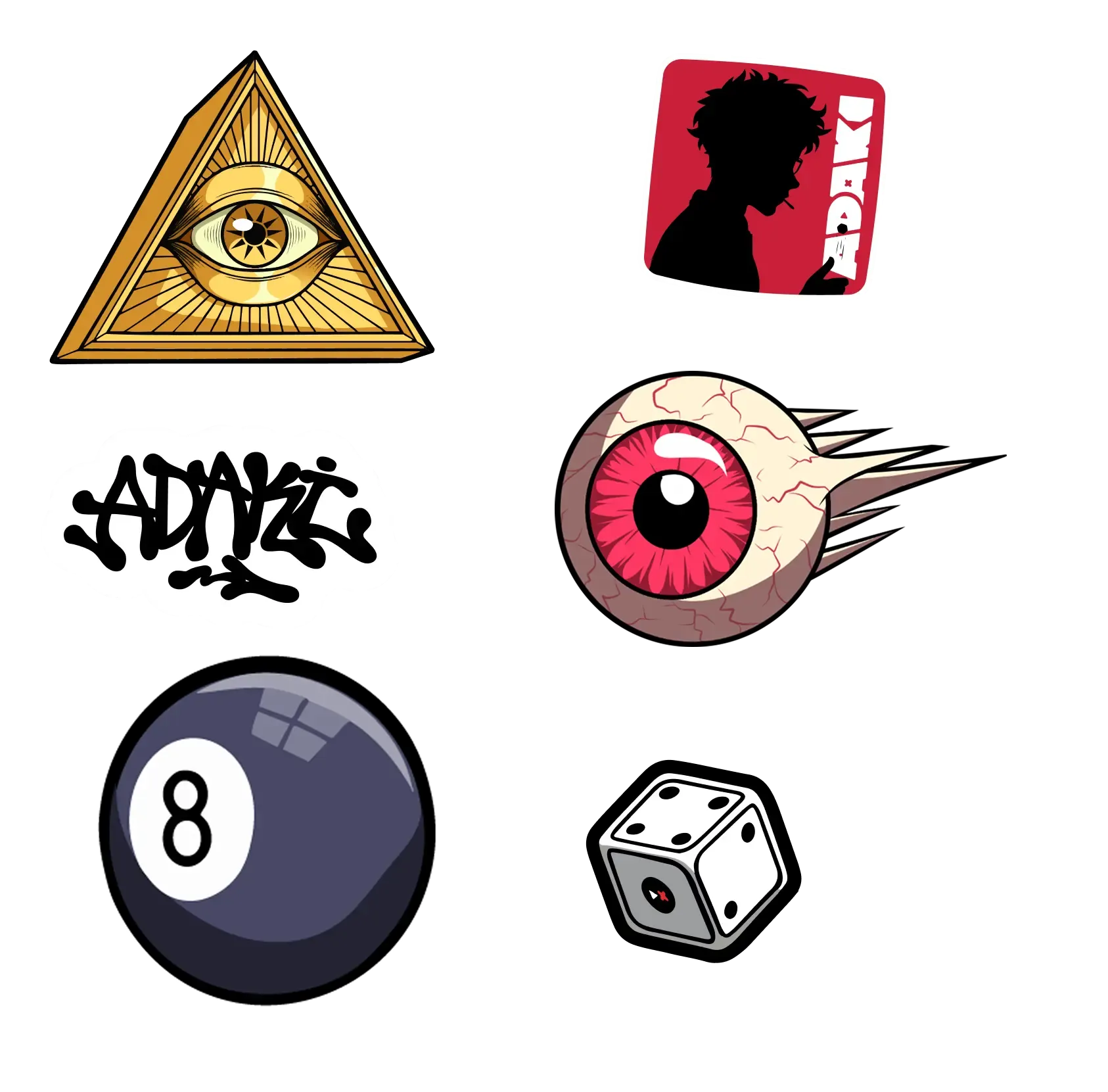 A collection of key graphics including an eye in a pyramid, a silouhette of an Adaki character, a Dice, a graffiti tag of Adaki, an 8 ball and a flying eye