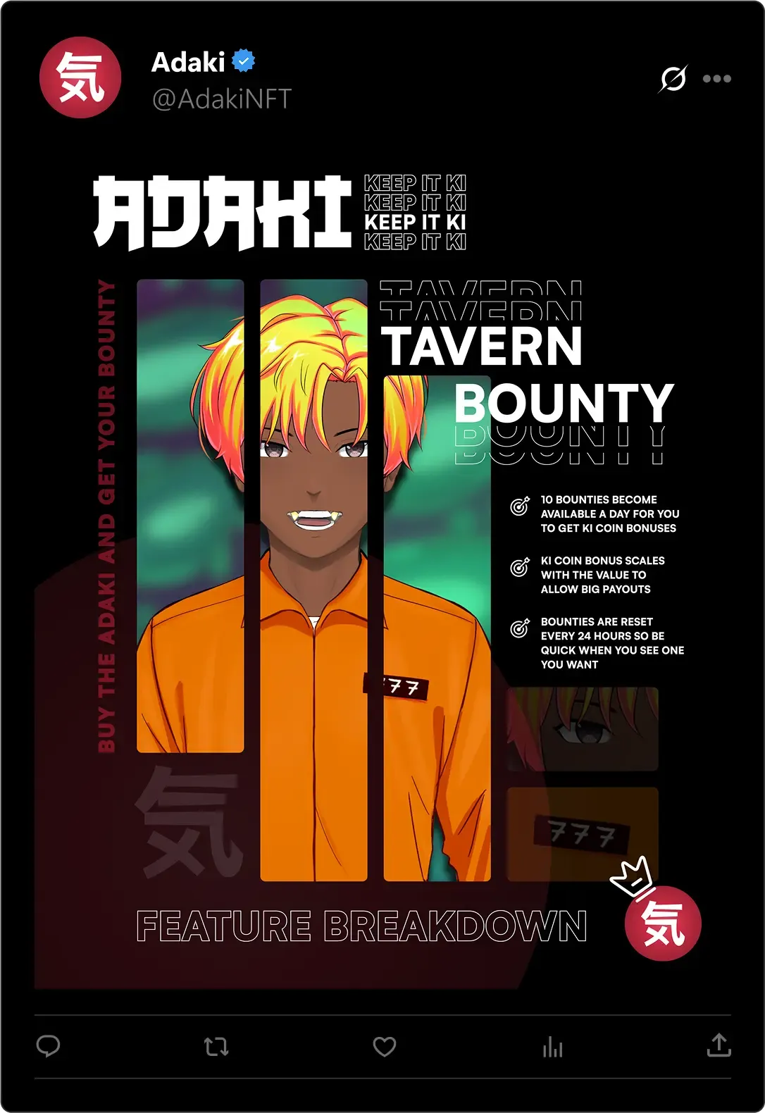 A social post that is focussed on announcing the bounty system, giving users extra resources when buying specific NFTs