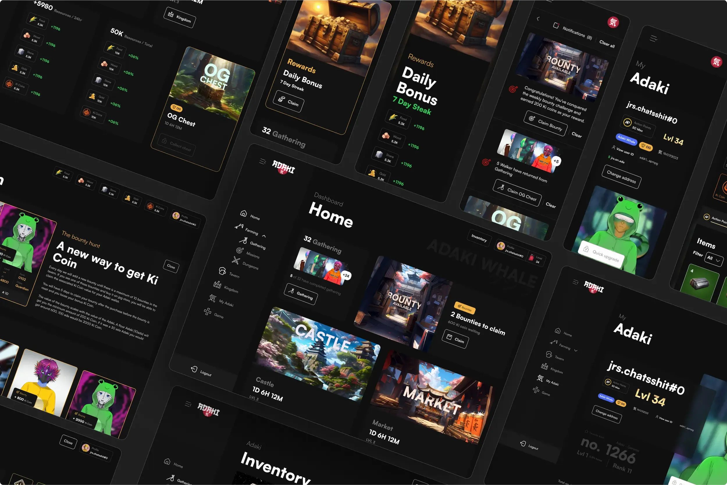 A UI mockup of the Adaki dashboard game that shows the Tavern functionality