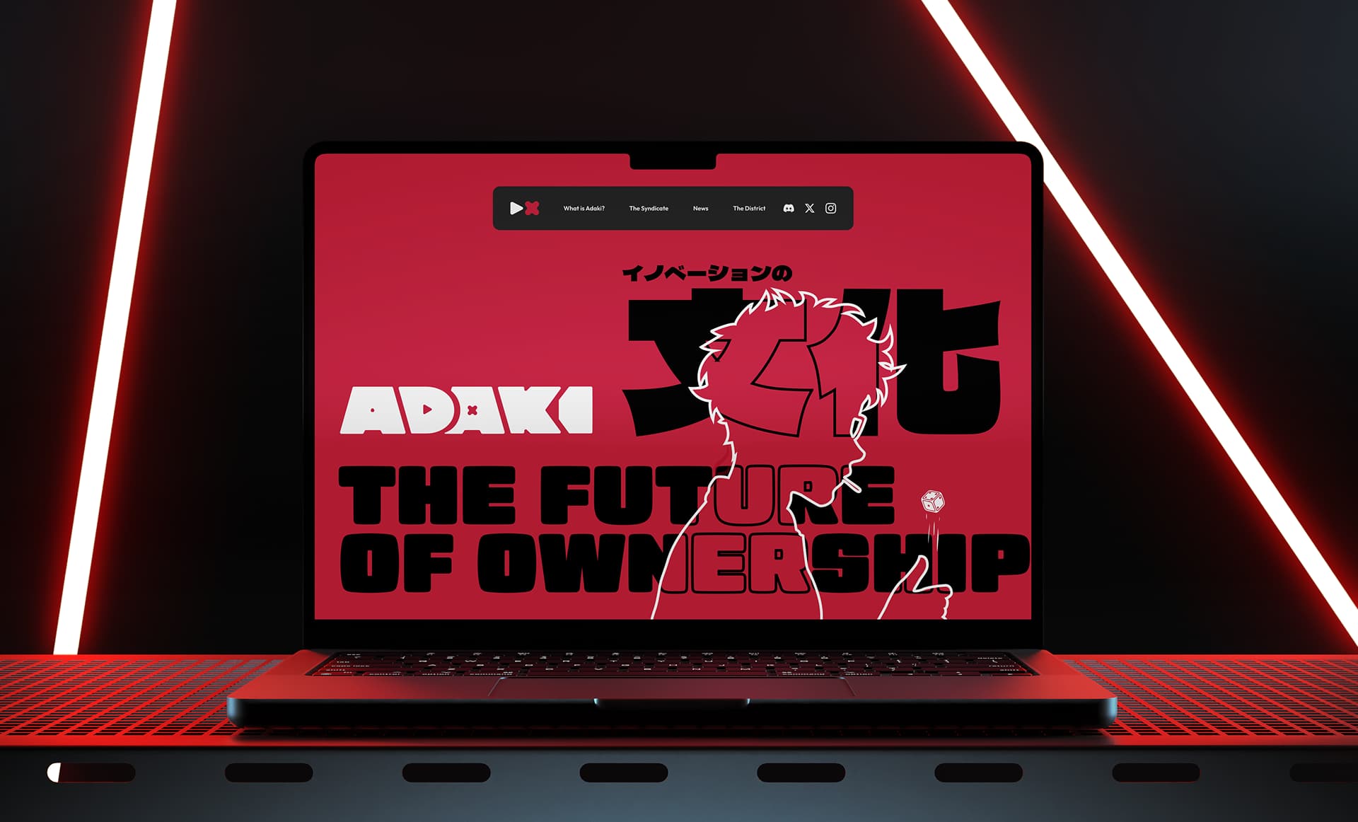 A UI mockup of the Adaki homepage in a dynamic environment with large red key lights