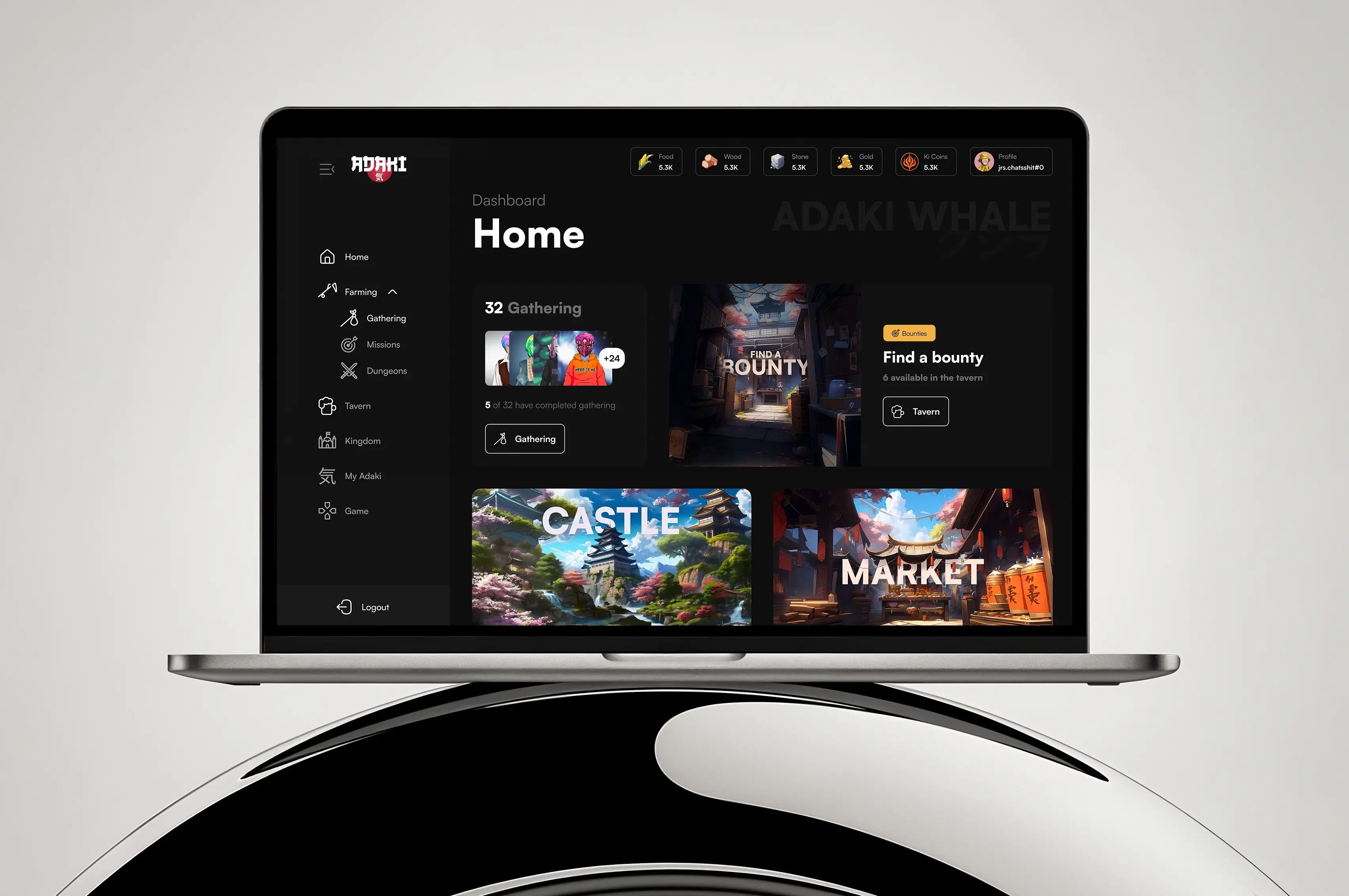 A mockup on a laptop of the Adaki Dashboard game