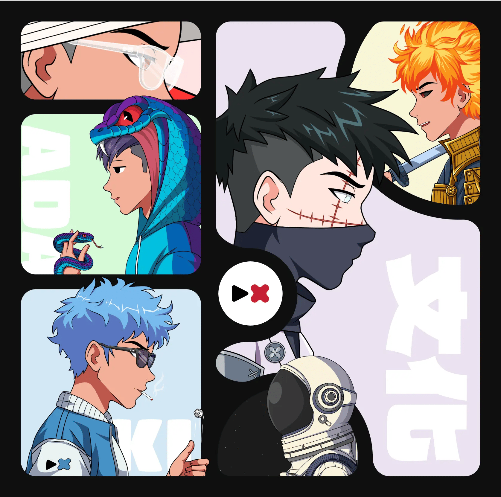 A collection of anime graphics of people with custom shaped comic book cells