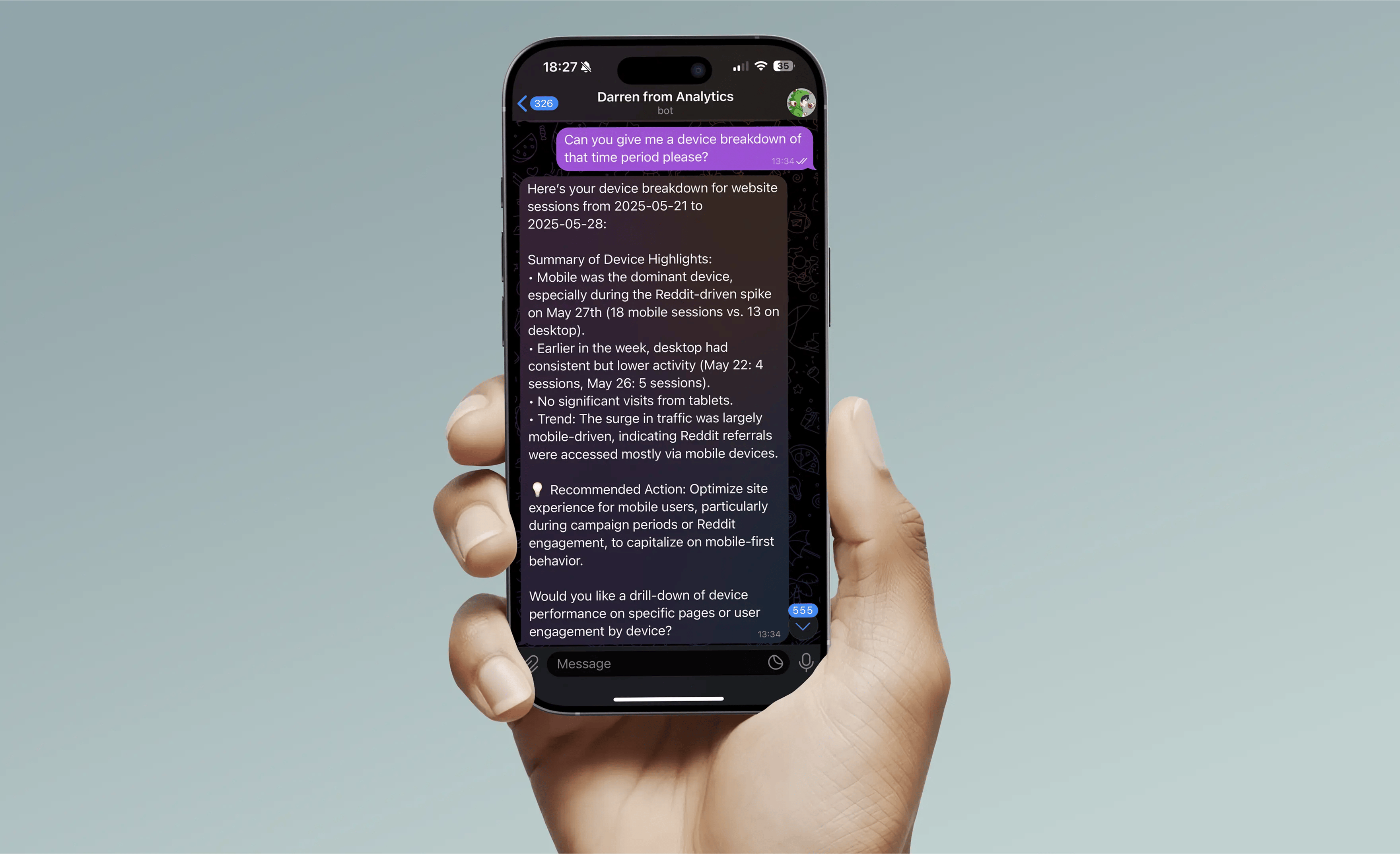 A mockup of Telegram showing the result of the Analytics tool 'Darren'