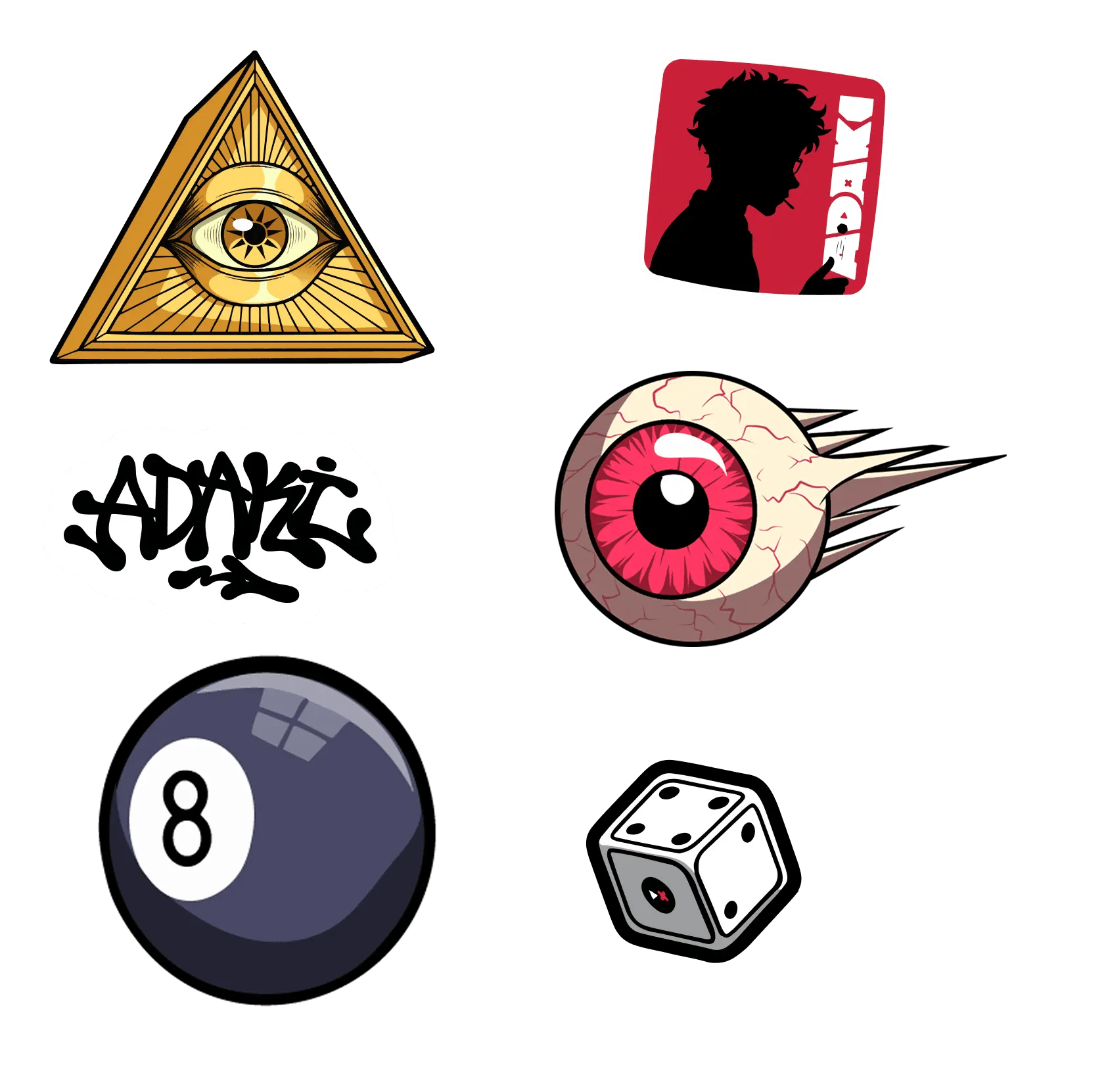 A collection of key graphics including an eye in a pyramid, a silouhette of an Adaki character, a Dice, a graffiti tag of Adaki, an 8 ball and a flying eye